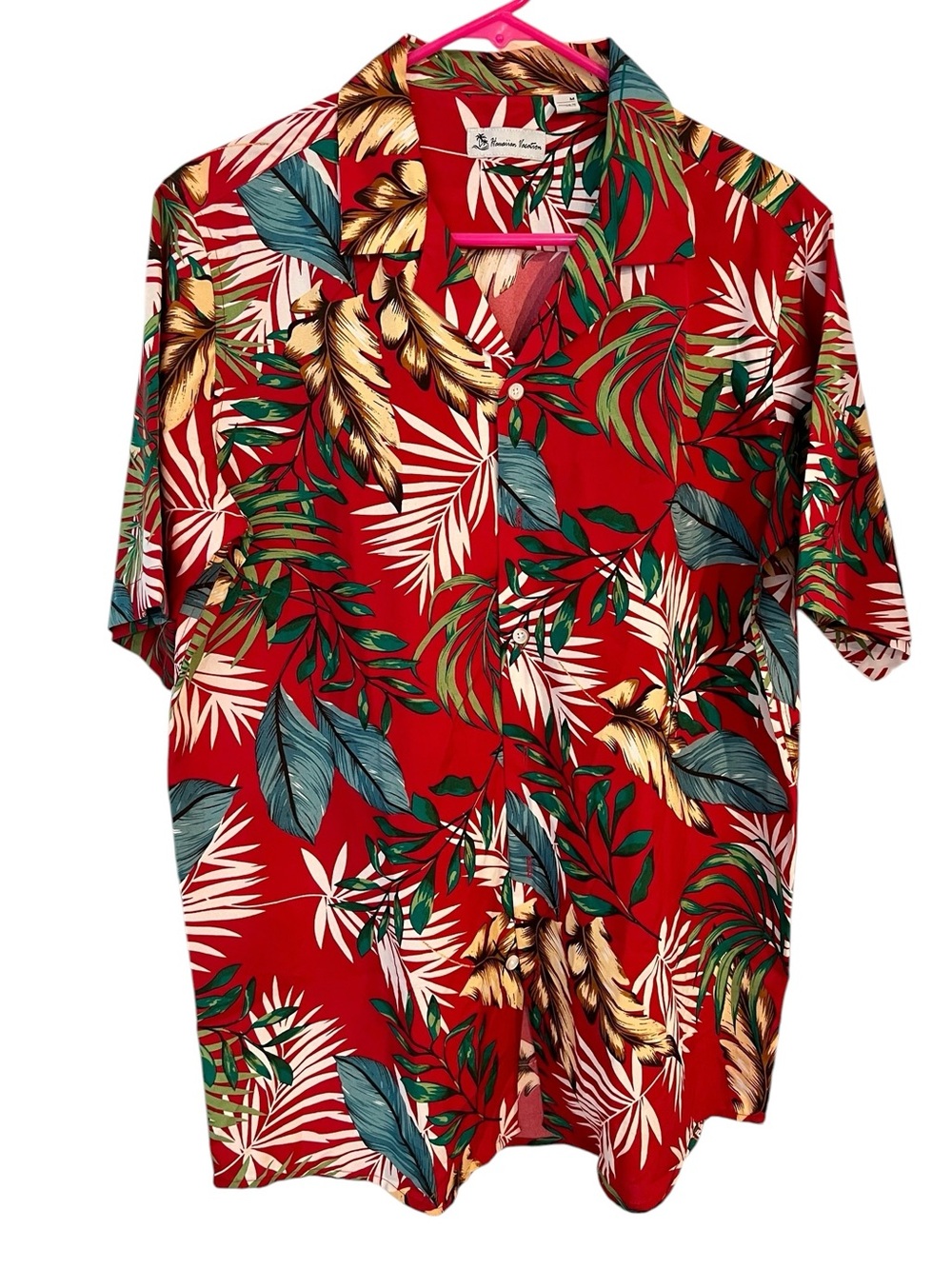 Mens Hawaiian Aloha Shirt, Short Sleeve Button Down Red White Green Floral